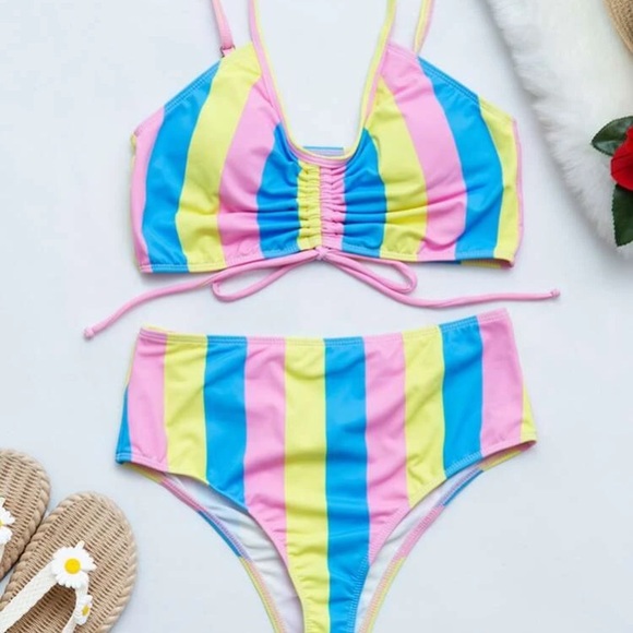 Multicolor Striped High Waisted Bikini - Picture 3 of 4